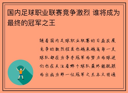 国内足球职业联赛竞争激烈 谁将成为最终的冠军之王