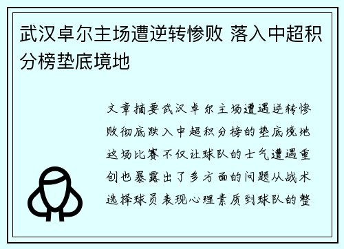 武汉卓尔主场遭逆转惨败 落入中超积分榜垫底境地