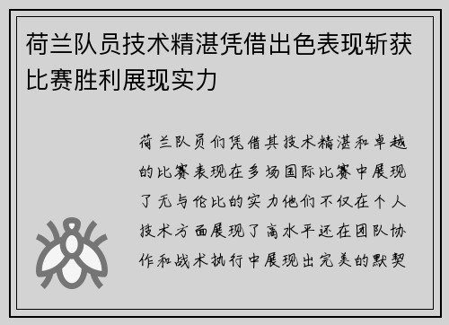 荷兰队员技术精湛凭借出色表现斩获比赛胜利展现实力