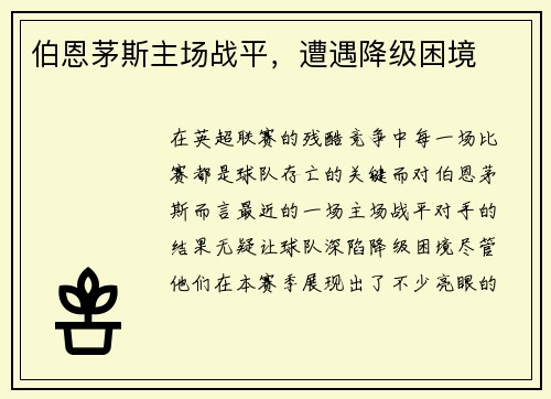 伯恩茅斯主场战平，遭遇降级困境