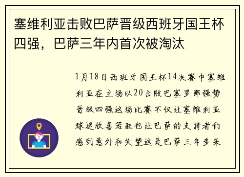 塞维利亚击败巴萨晋级西班牙国王杯四强，巴萨三年内首次被淘汰