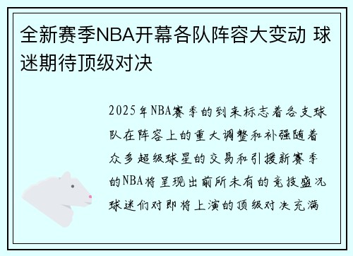 全新赛季NBA开幕各队阵容大变动 球迷期待顶级对决