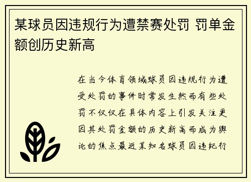 某球员因违规行为遭禁赛处罚 罚单金额创历史新高