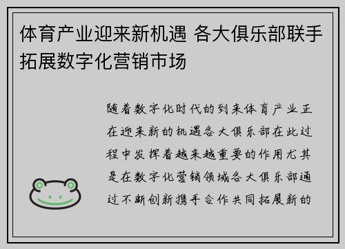 体育产业迎来新机遇 各大俱乐部联手拓展数字化营销市场